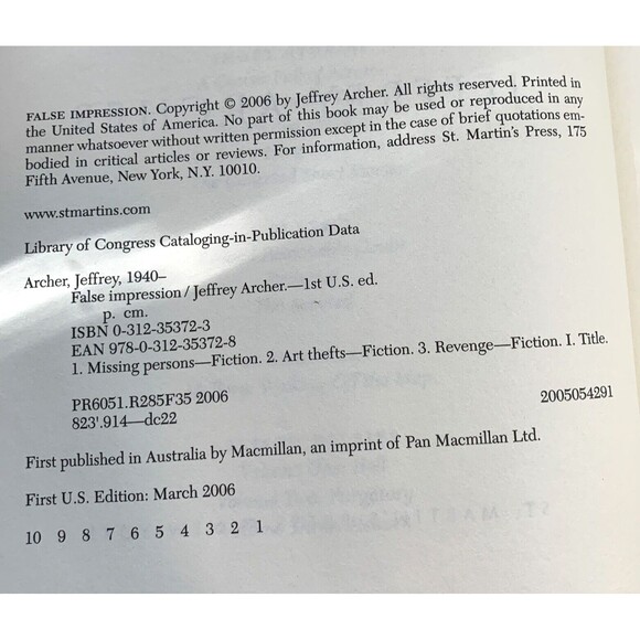 False Impression by Jeffrey Archer - First U.S. Edition, March 2006 - Picture 3 of 3